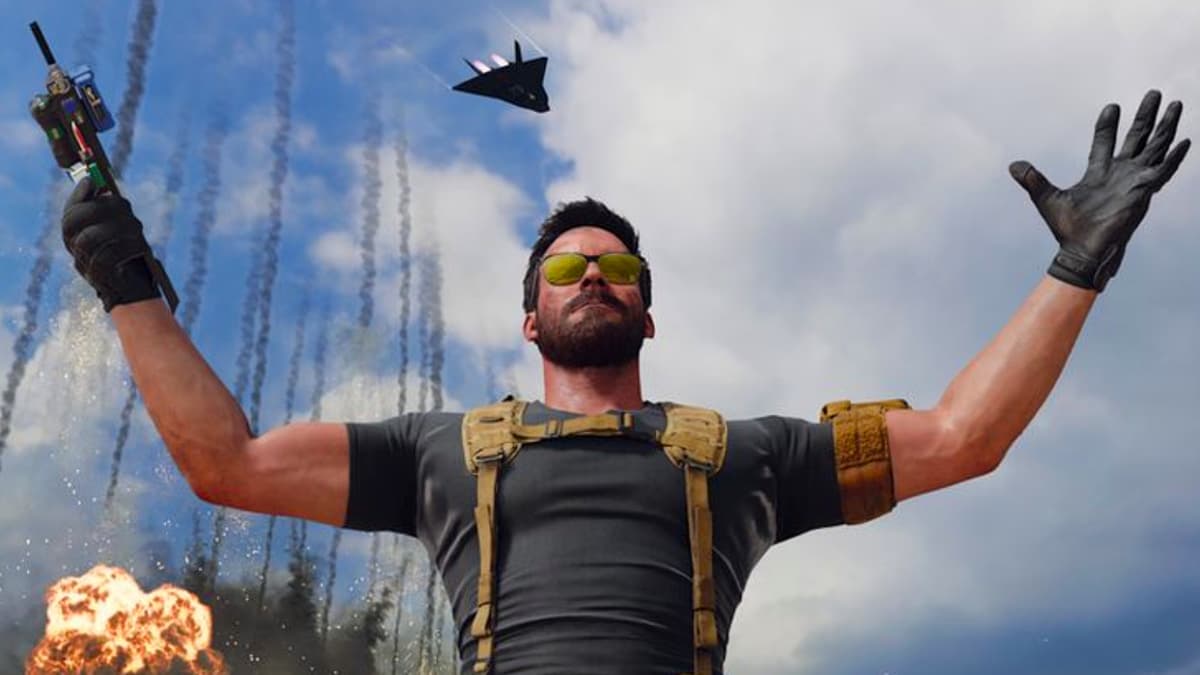 In-game screenshot of a Call of Duty player waving his arms in the air.